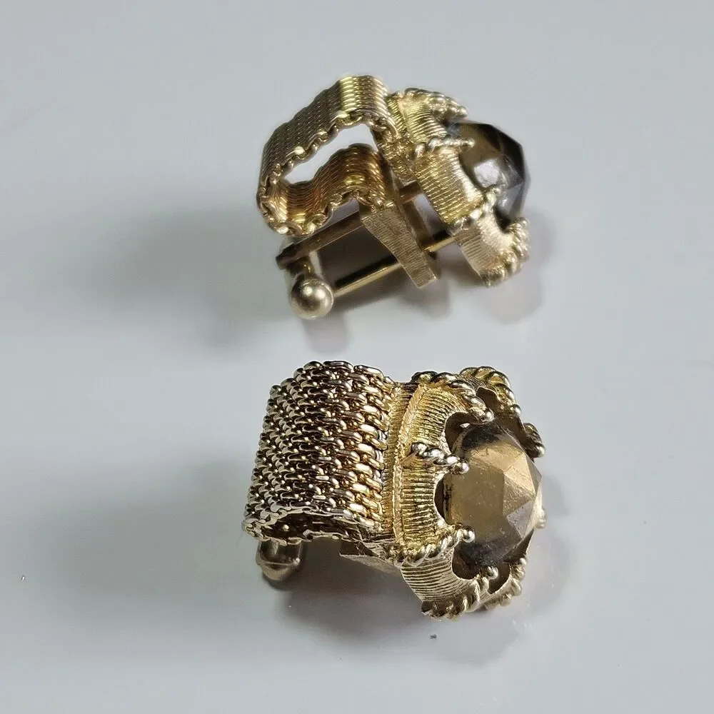 Swank Vintage Gold Tone Metal Champagne Colored Glass Cufflinks